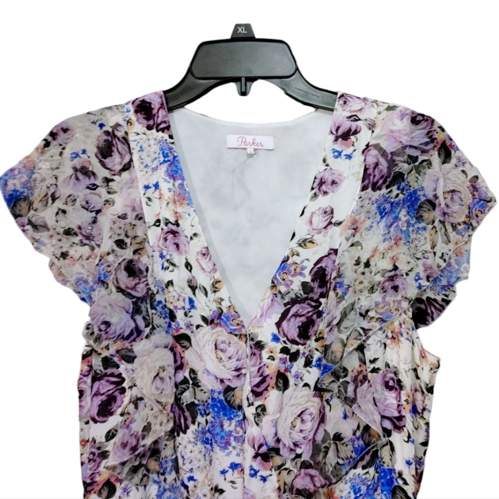 Parker Gabriella Floral Silk Shirt Sleeve Mini Dress Women's Size Medium M - Picture 7 of 14